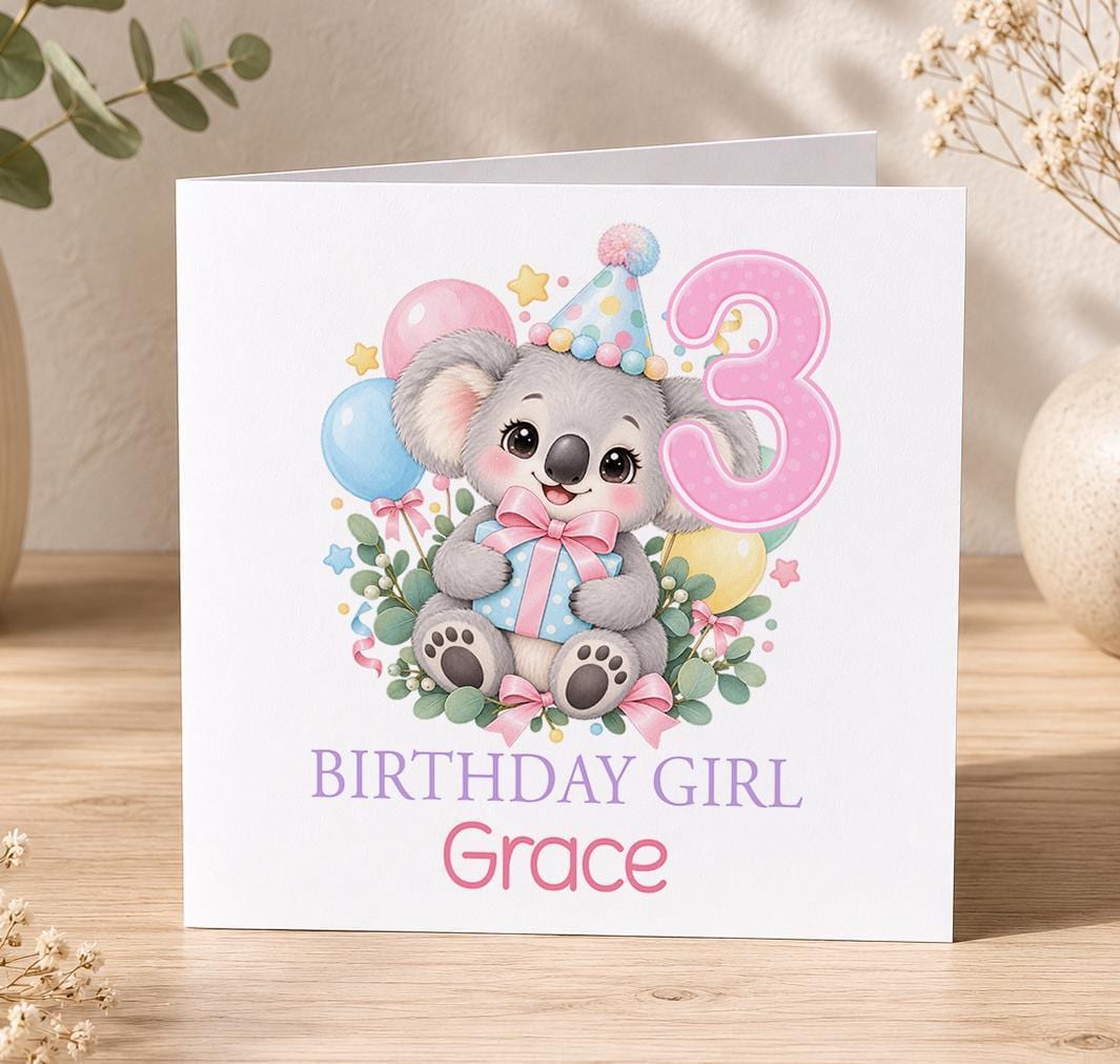 Personalised koala birthday card – koala in a pink party hat with balloons and a pink 3, Birthday Girl Grace