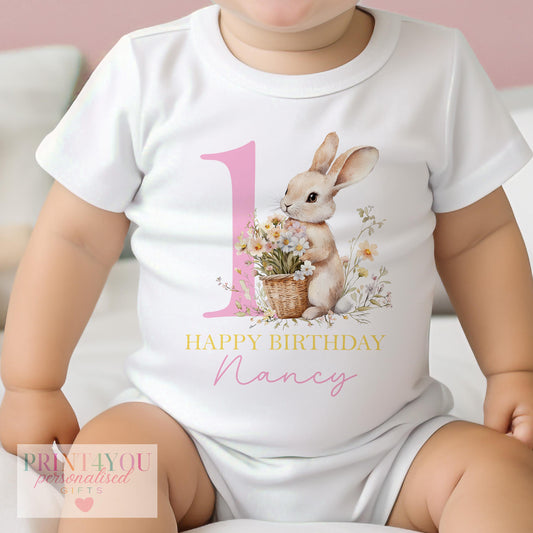 Personalised 1st Birthday Outfit – Baby Sleepsuit, Vest & T-Shirt with Floral Rabbit Print