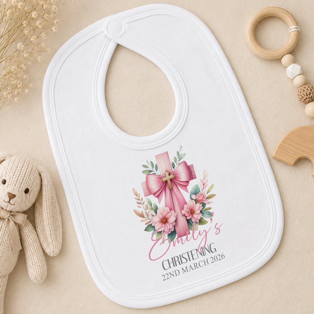 Personalised Pink Cross Christening bib
