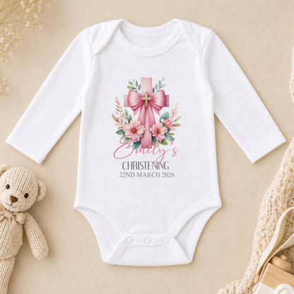 Personalised Pink Cross Christening long sleeve vest