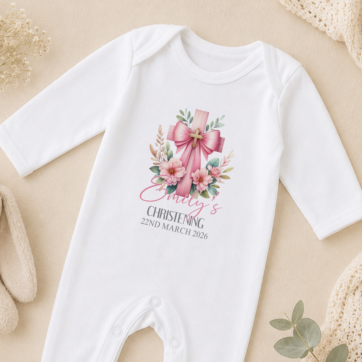 Personalised Pink Cross Christening sleepsuit