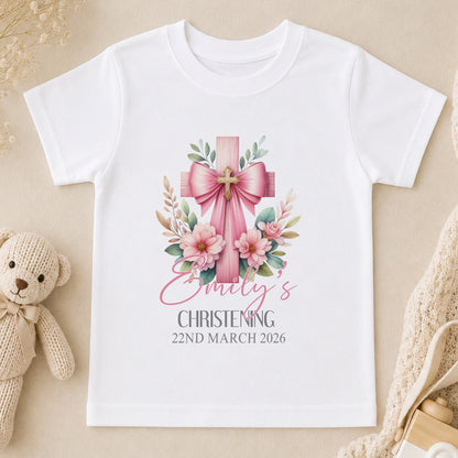 Personalised Pink Cross Christening t-shirt
