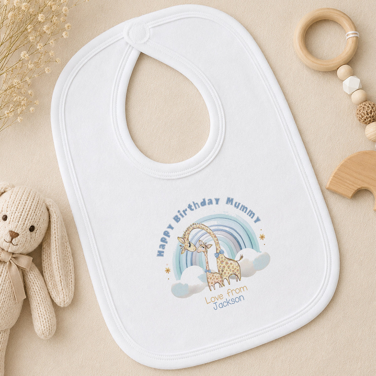 Personalised Happy Birthday Mummy Blue Giraffe Rainbow First Birthday bib