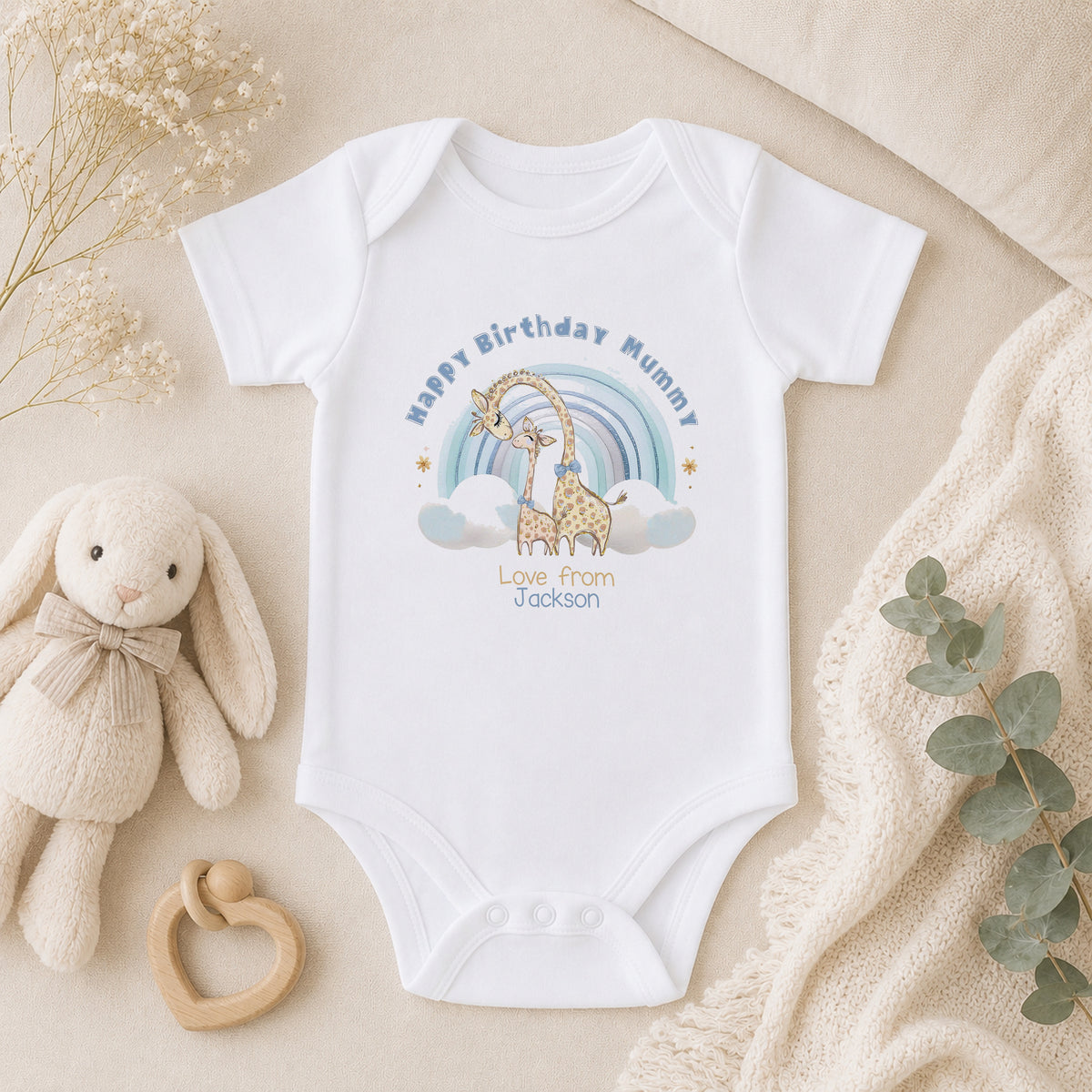 Personalised Happy Birthday Mummy Blue Giraffe Rainbow First Birthday baby vest