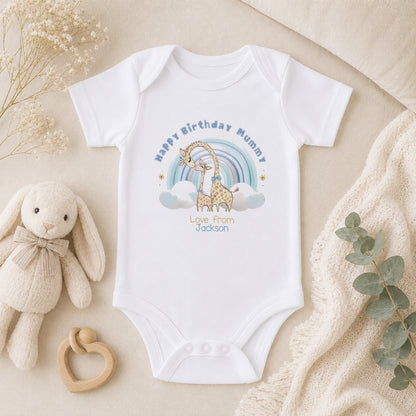Personalised Happy Birthday Mummy Blue Giraffe Rainbow First Birthday baby vest
