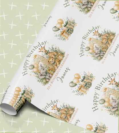 Safari Animal Wrapping Paper, Personalised Name, Boys 1st Birthday