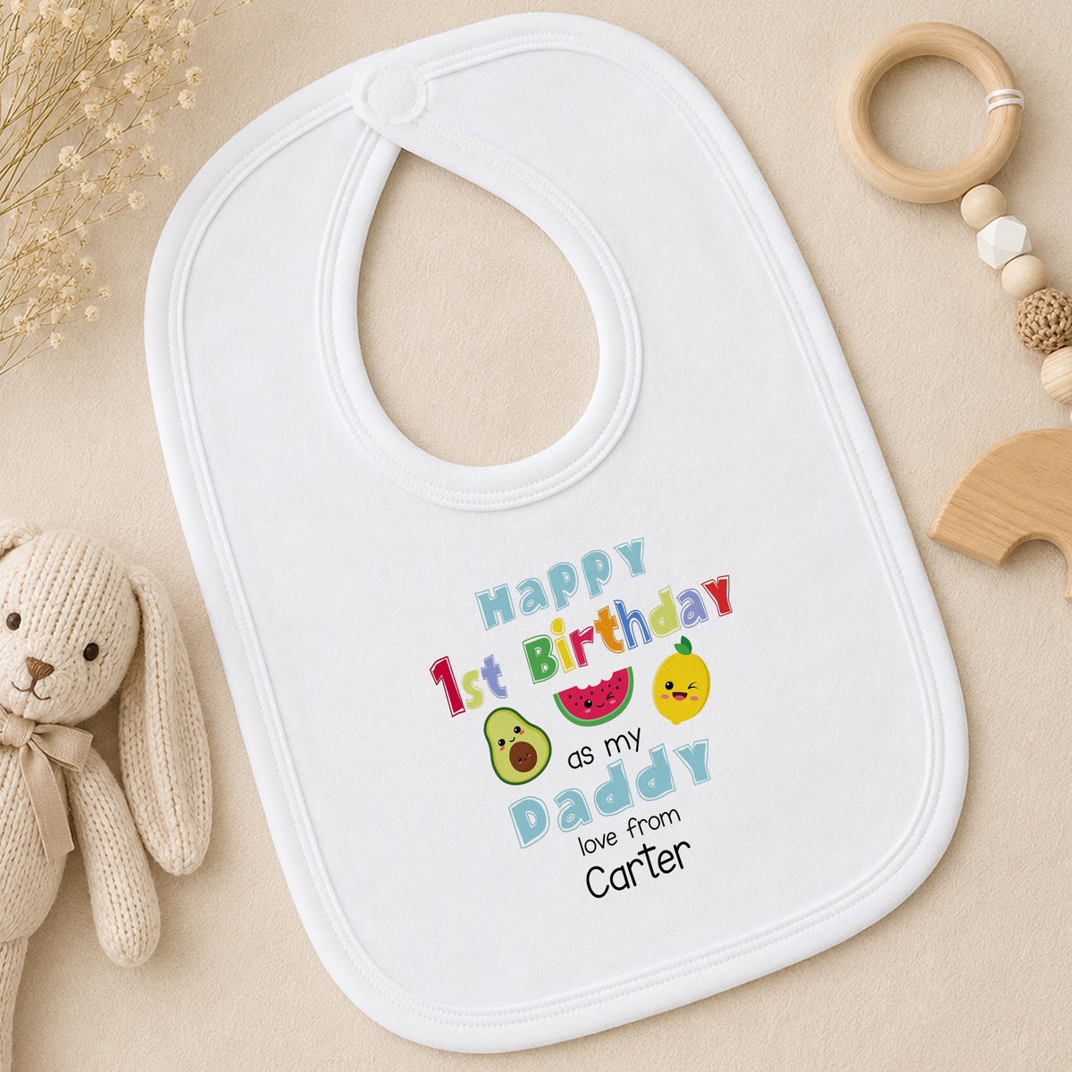 Personalised Daddys First Birthday Celebration Fruit Design bib