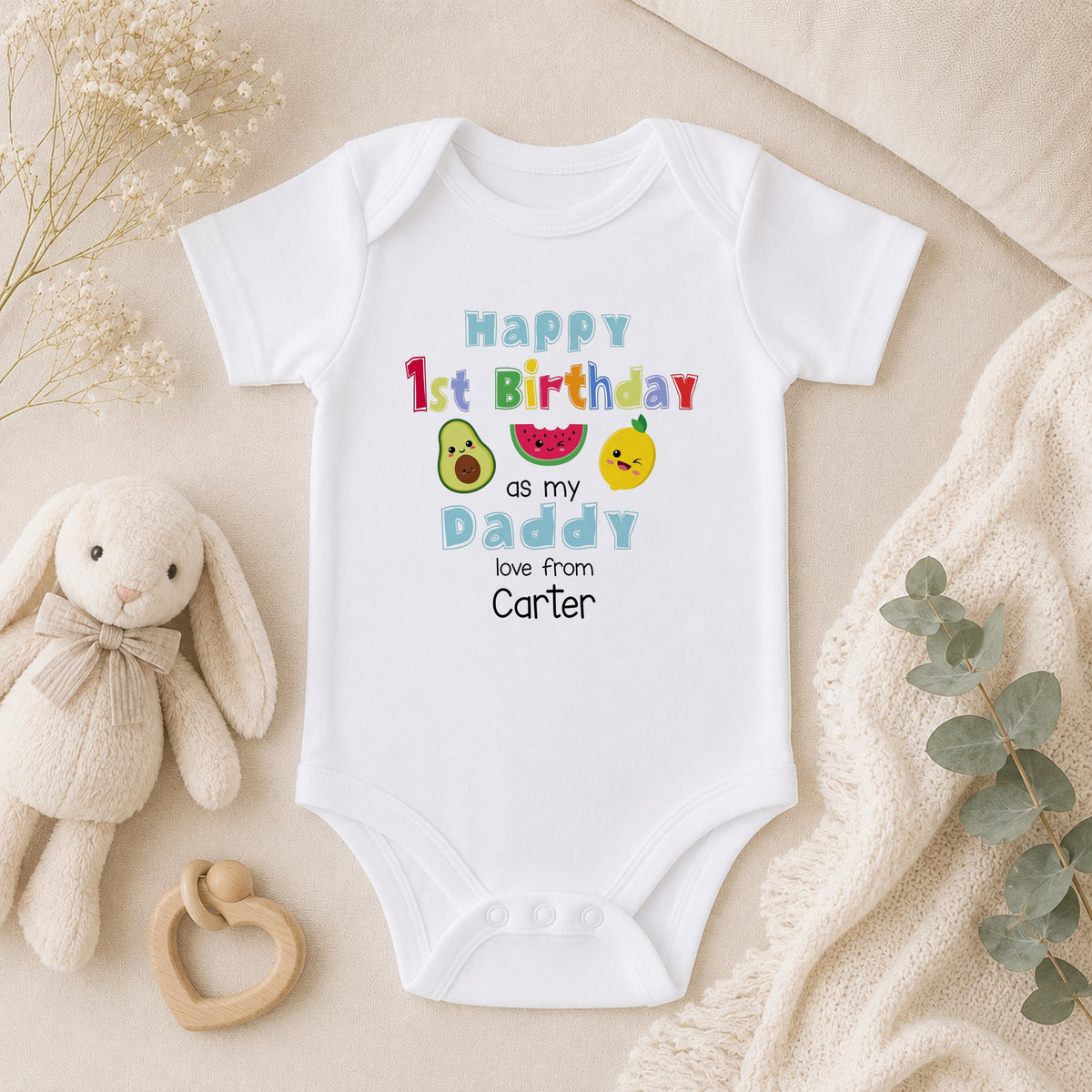 Personalised Daddys First Birthday Celebration Fruit Design baby vest
