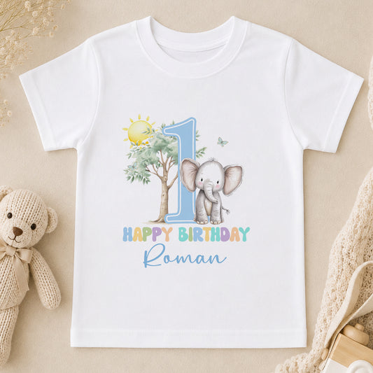 Personalised Blue Elephant First Birthday Outfit for Baby Boys t-shirt