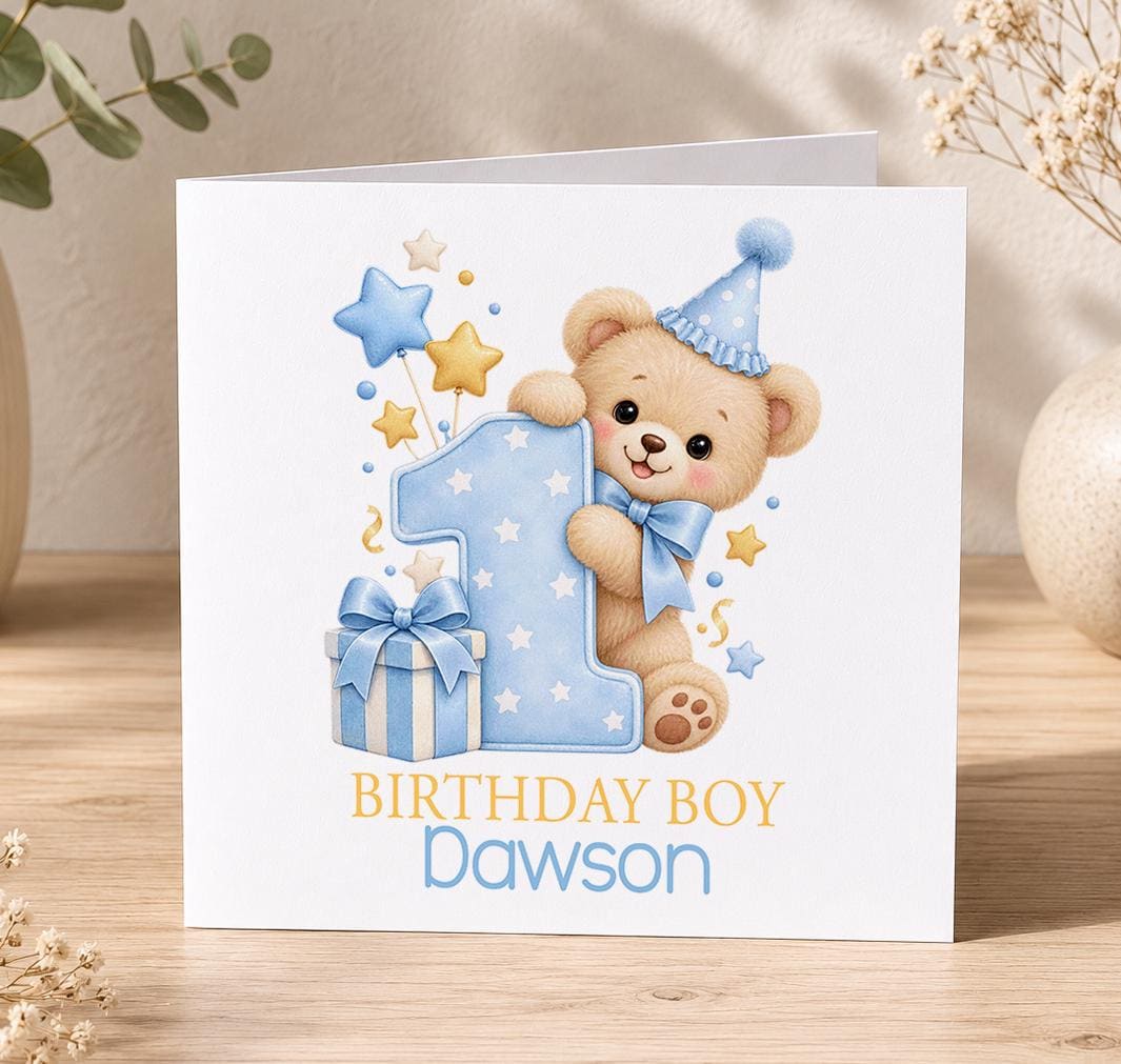 Personalised teddy 1st birthday card – teddy in a party hat peeping round a blue number 1, Birthday Boy Dawson