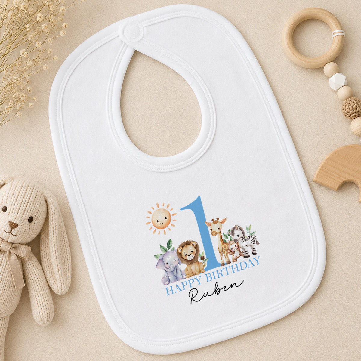 Personalised Blue Safari First Birthday Pyjamas bib