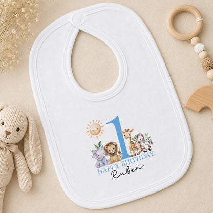 Personalised Blue Safari First Birthday Pyjamas bib