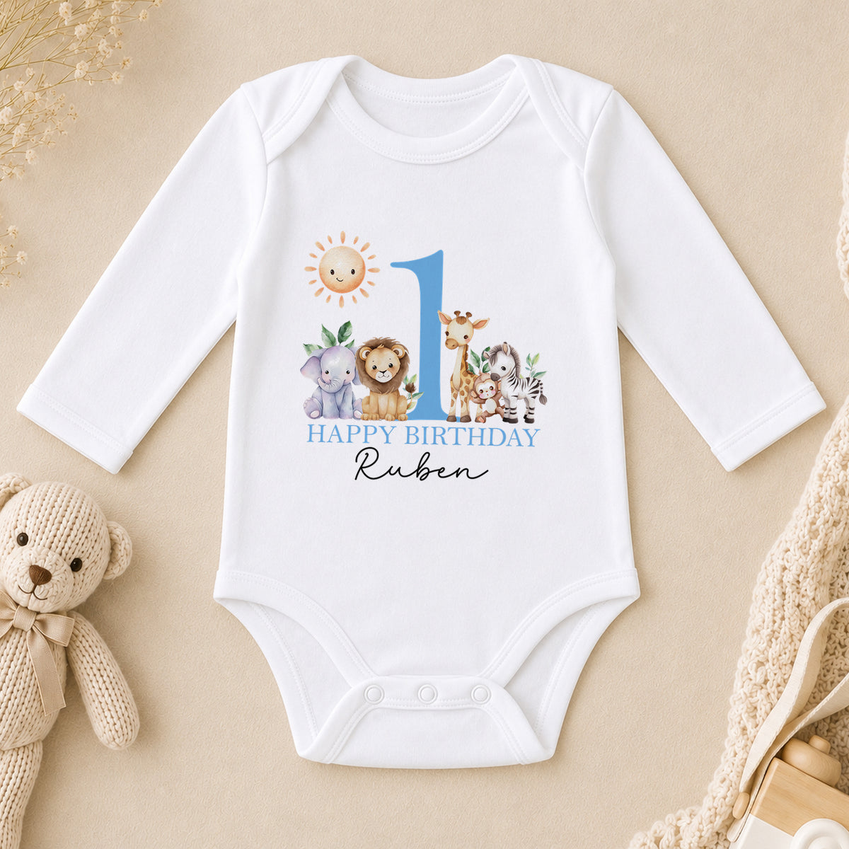 Personalised Blue Safari First Birthday Pyjamas long sleeve vest
