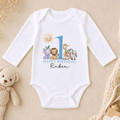 Personalised Blue Safari First Birthday Pyjamas long sleeve vest