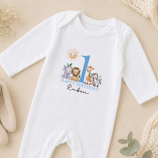 Personalised Blue Safari First Birthday Pyjamas sleepsuit