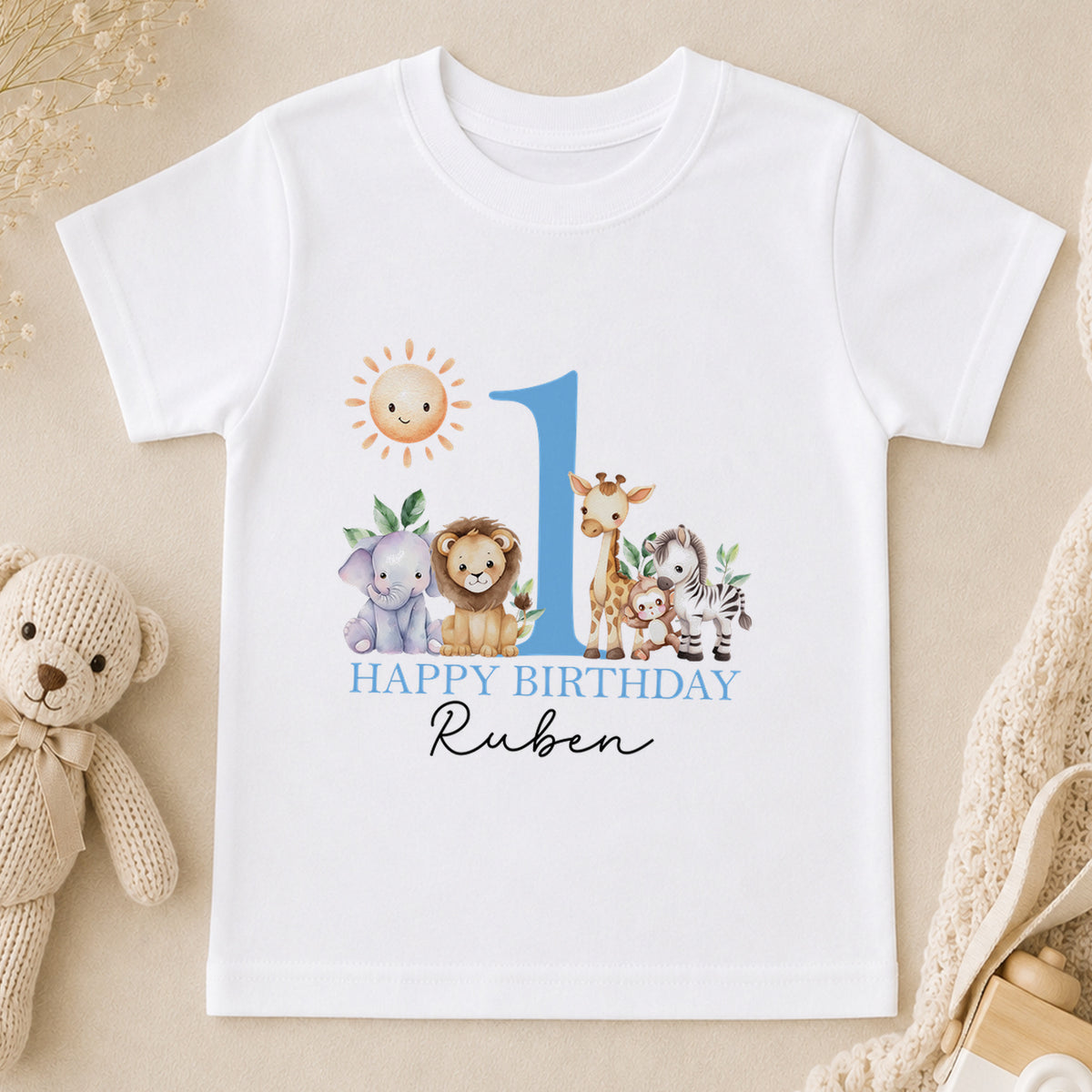 Personalised Blue Safari First Birthday Pyjamas t-shirt