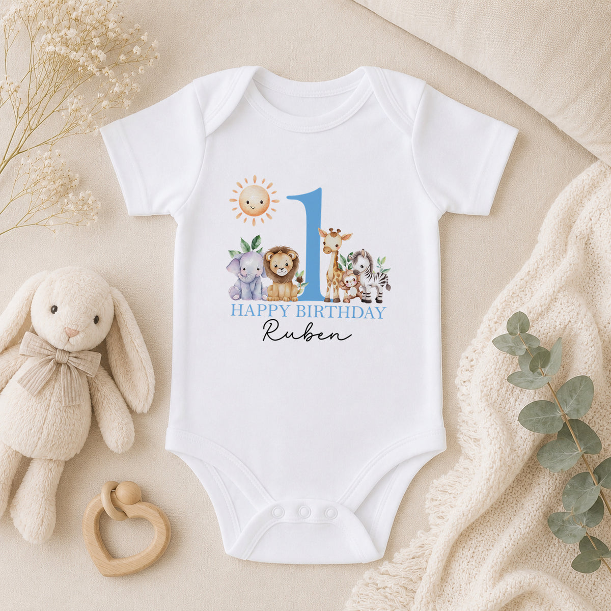 Personalised Blue Safari First Birthday Pyjamas baby vest