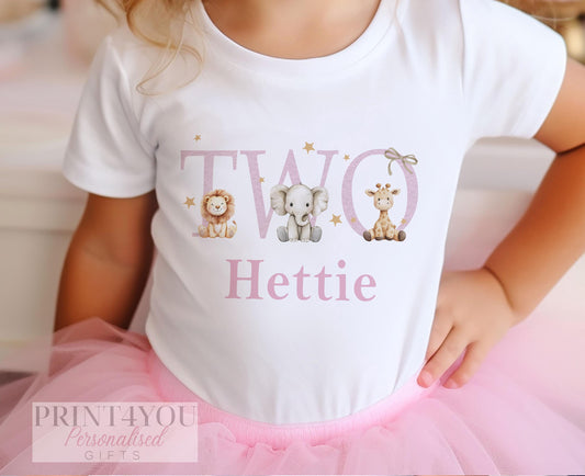Personalised pink safari TWO birthday t-shirt with custom name and lion, elephant and giraffe print