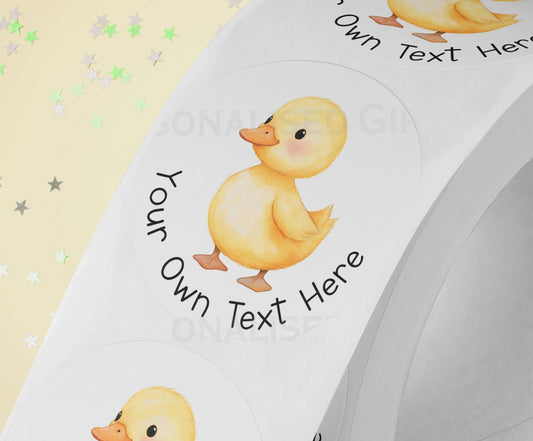 Personalised yellow duck stickers printed on strips of three, 5cm high gloss waterproof finish