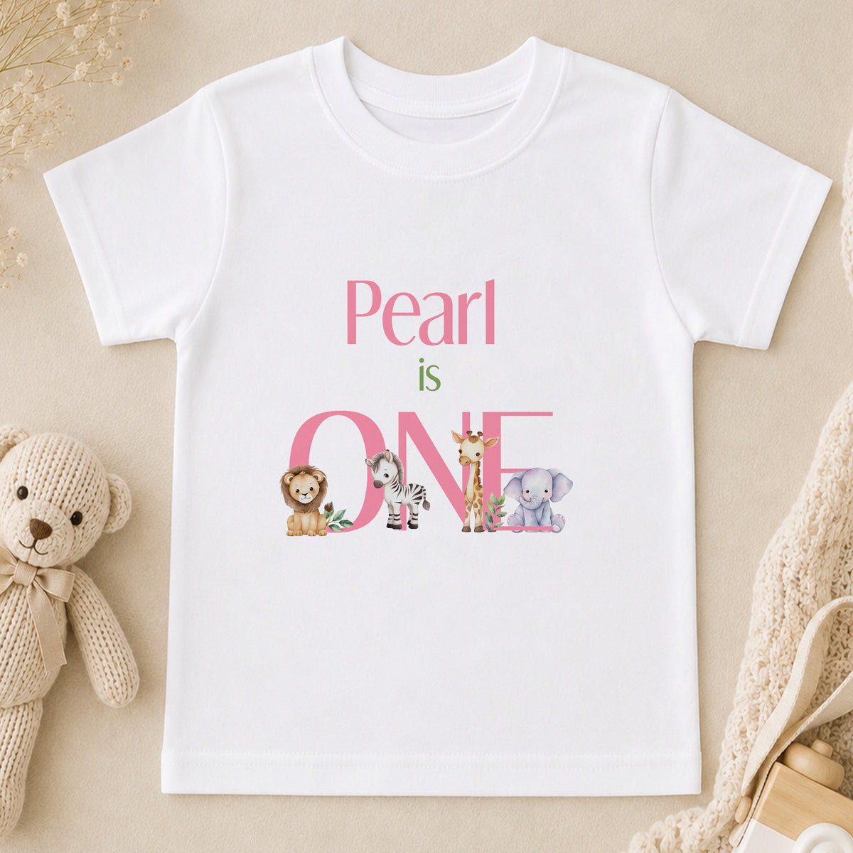 Personalised Pink Jungle Safari First Birthday t-shirt