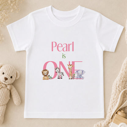 Personalised Pink Jungle Safari First Birthday t-shirt