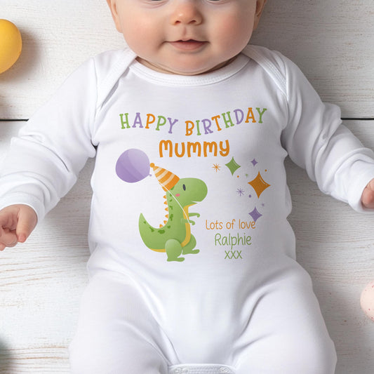 Personalised party dinosaur 'Happy Birthday' bib with custom relation and name