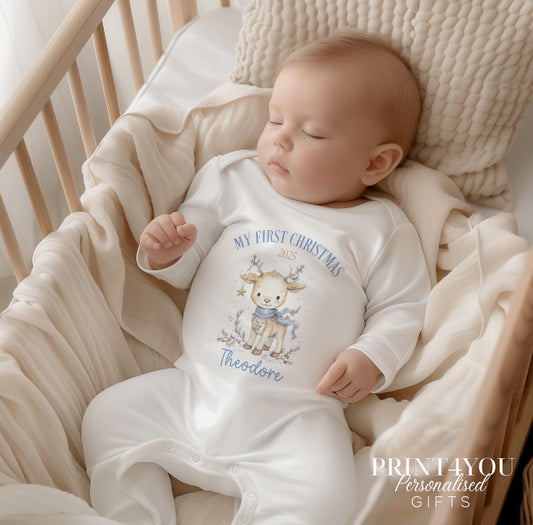 Personalised baby reindeer Christmas outfit, full set laid flat with custom name print.