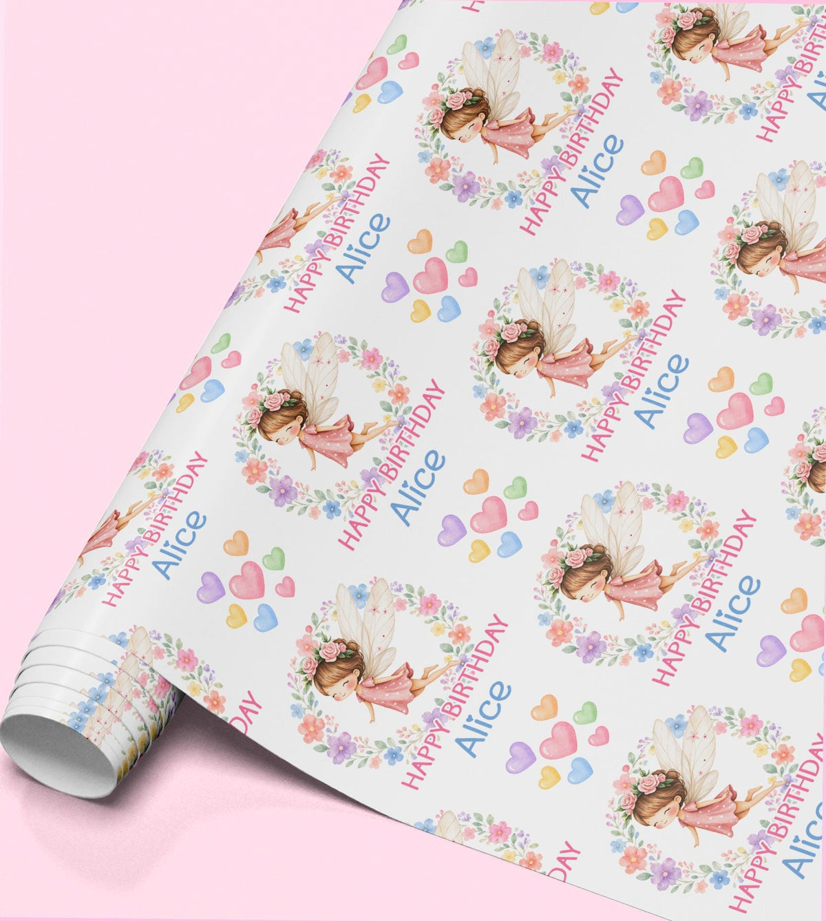 Personalised fairy birthday wrapping paper featuring a pretty fairy in a floral wreath, pastel hearts and custom name for girls.