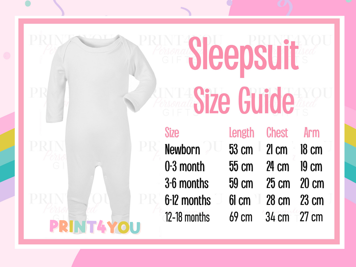 Size guide for personalised baby vest and onesie sizing from newborn to toddler.