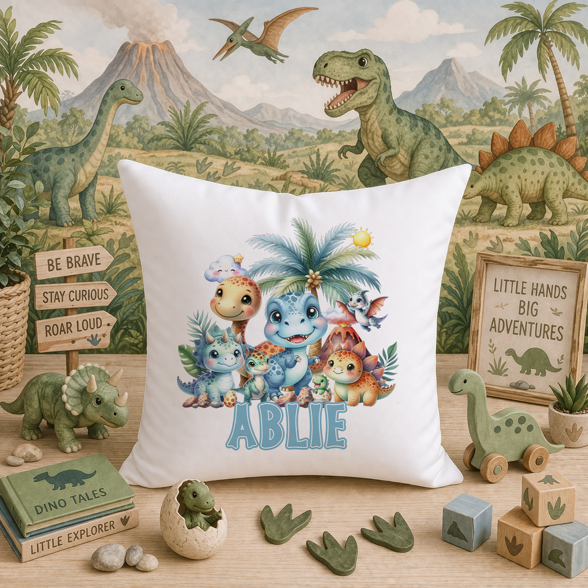 Personalised Dinosaur Cushion – Unique Printed Design With Washable Velvet Cover - Cushion cover only