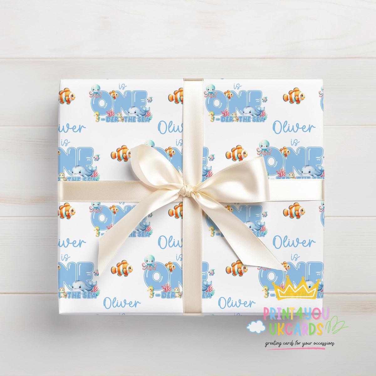 Printed 1st birthday wrapping paper shown as wrapping paper