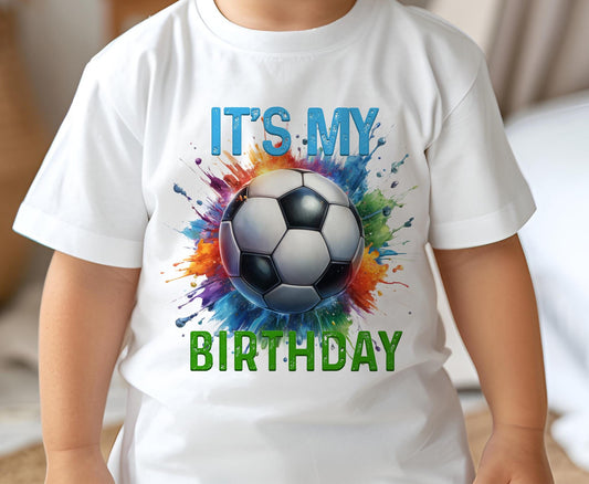 White cotton football birthday t-shirt for babies, size 6-12 months, with custom DTG printed football design