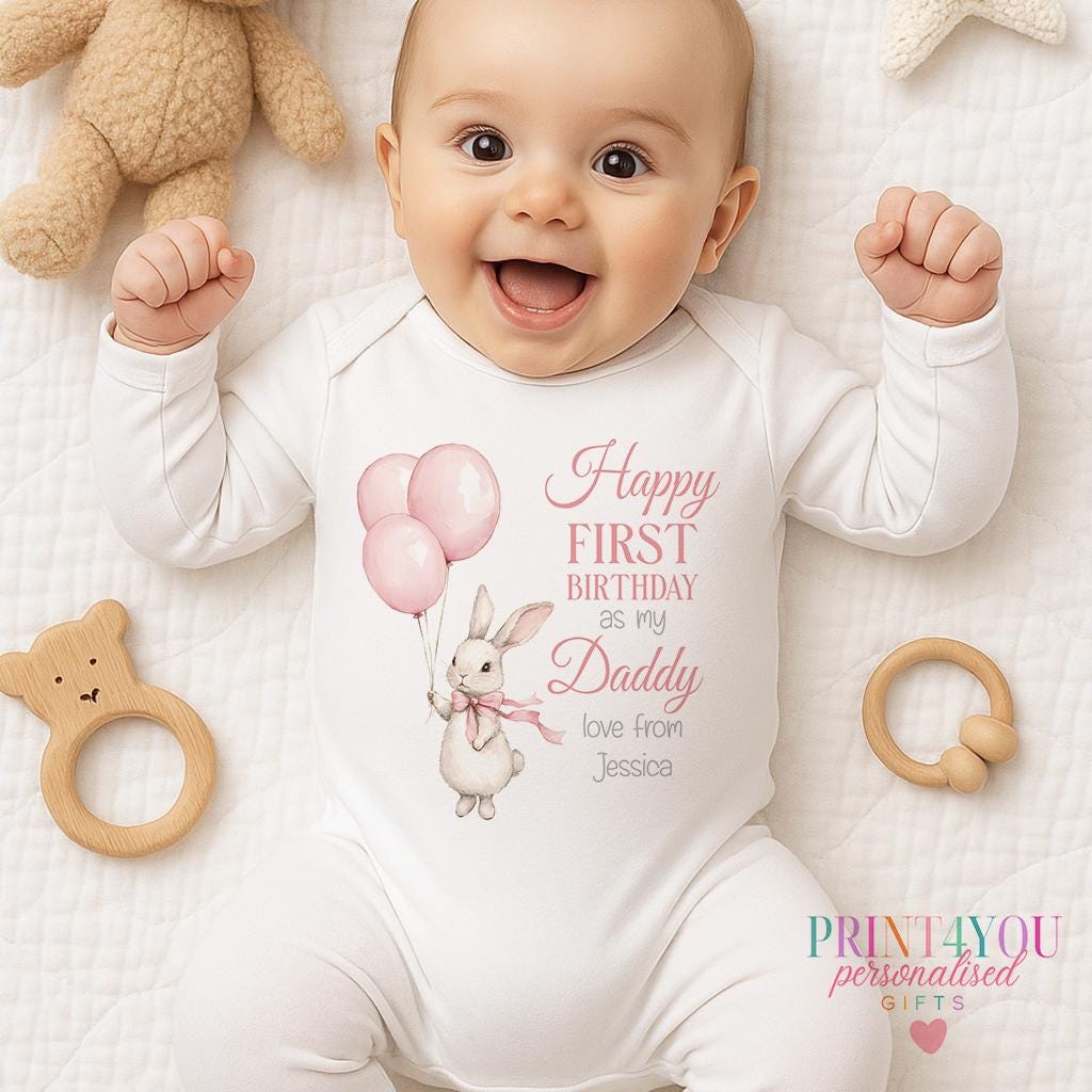 Personalised pink bunny first birthday bib, customised with a name and choice of family relation - Mummy, Daddy, Nanny and more.