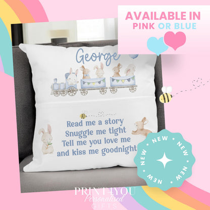 Personalised bunny book cushion styled on a child's bed