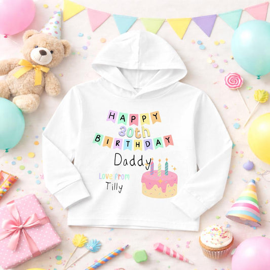 Personalised kids birthday t-shirt with pink cake design, custom name and age printed on the front