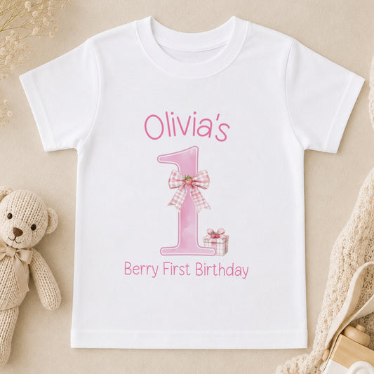 Personalised Strawberry Gingham First Birthday t-shirt