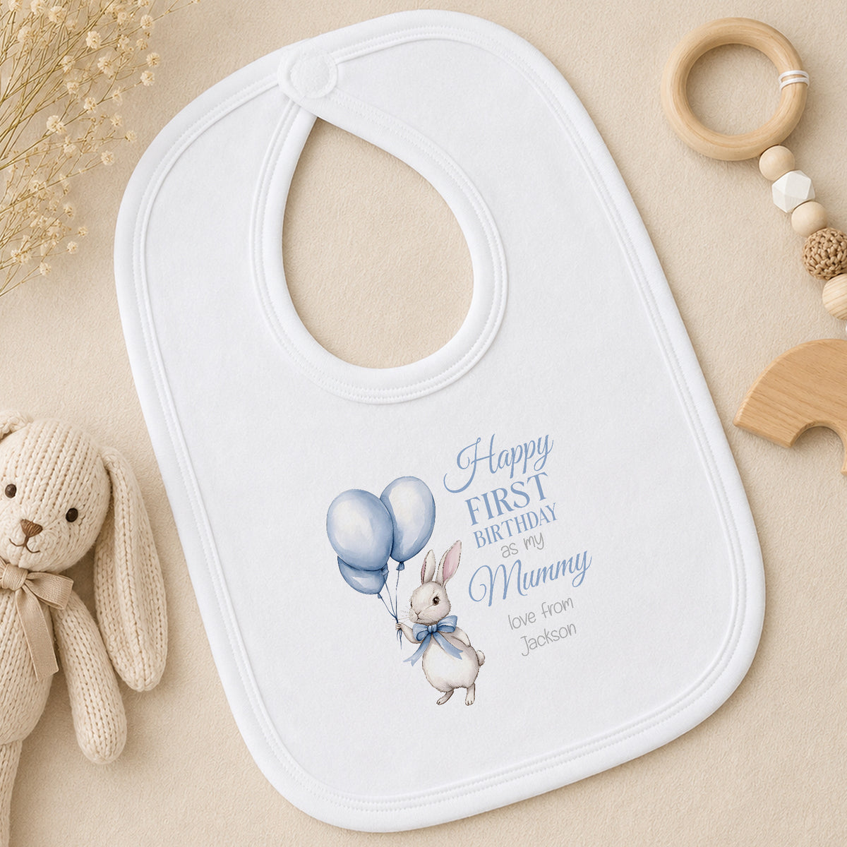 Personalised Blue Bunny First Birthday bib