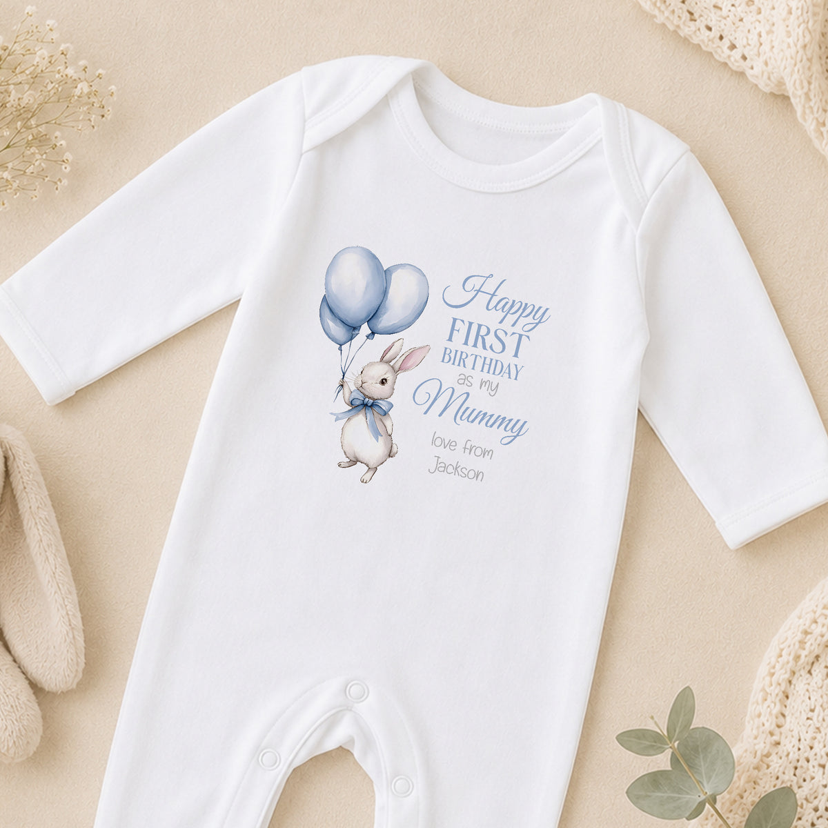 Personalised Blue Bunny First Birthday sleepsuit