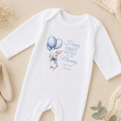 Personalised Blue Bunny First Birthday sleepsuit