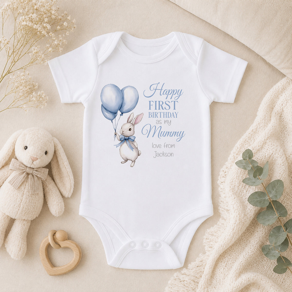 Personalised Blue Bunny First Birthday baby vest