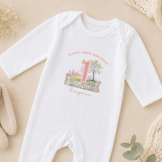 Personalised Bunny Rabbit First Birthday sleepsuit