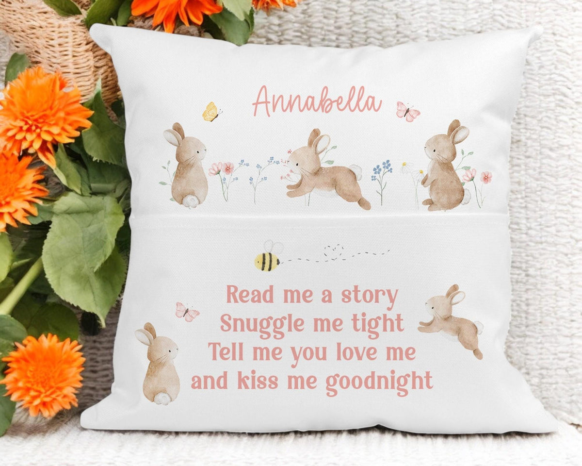 Personalised bunny book cushion zip closure detail