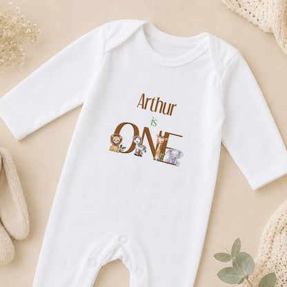 Personalised Wild Safari First Birthday sleepsuit