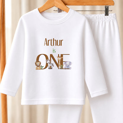 Personalised Wild Safari First Birthday white pyjamas