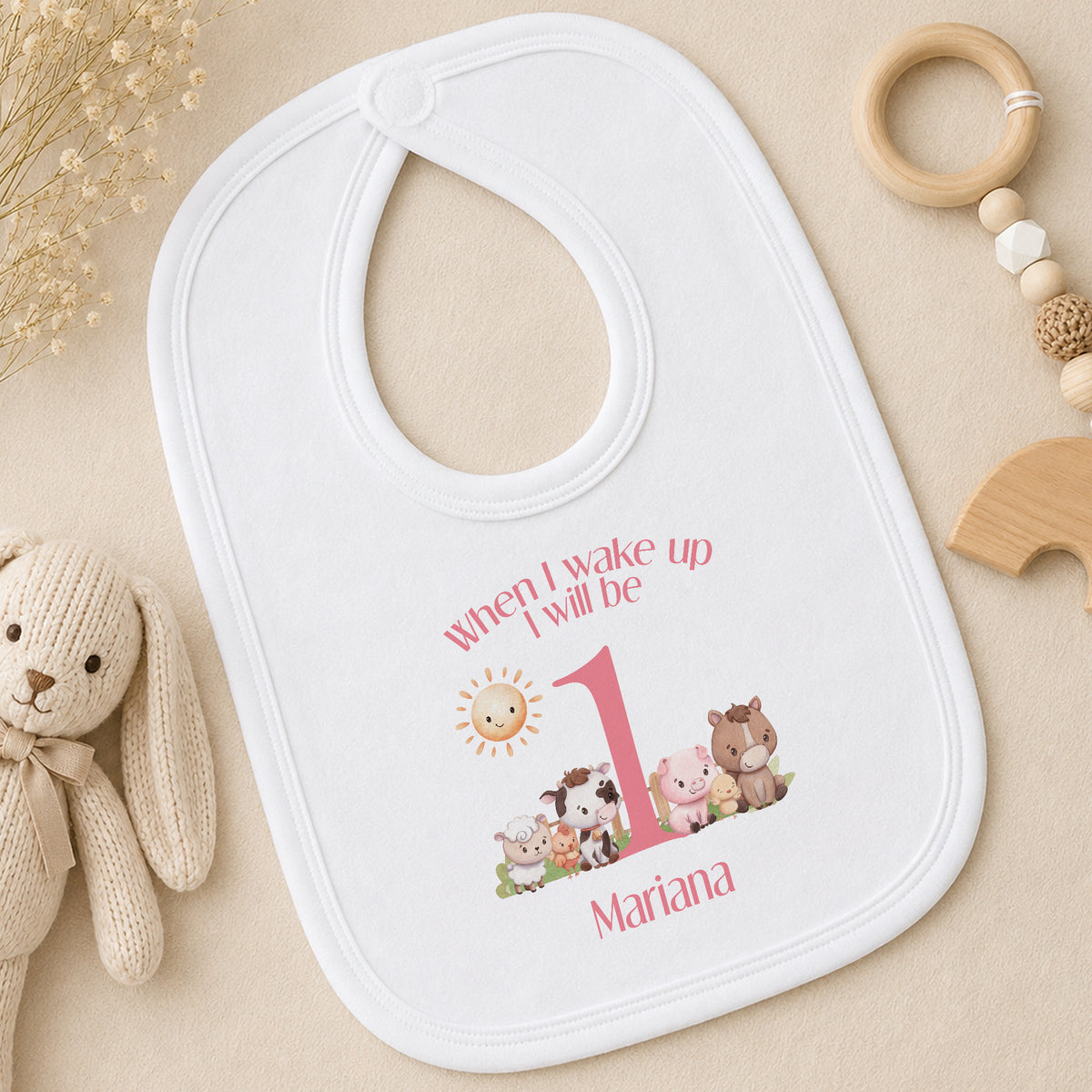 Personalised Pink Striped When I Wake Up I Will Be… Pyjamas with Farm Animals bib