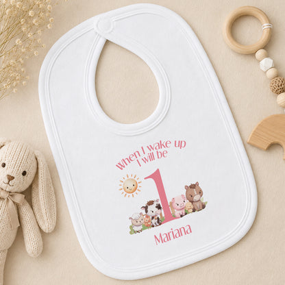 Personalised Pink Striped When I Wake Up I Will Be… Pyjamas with Farm Animals bib