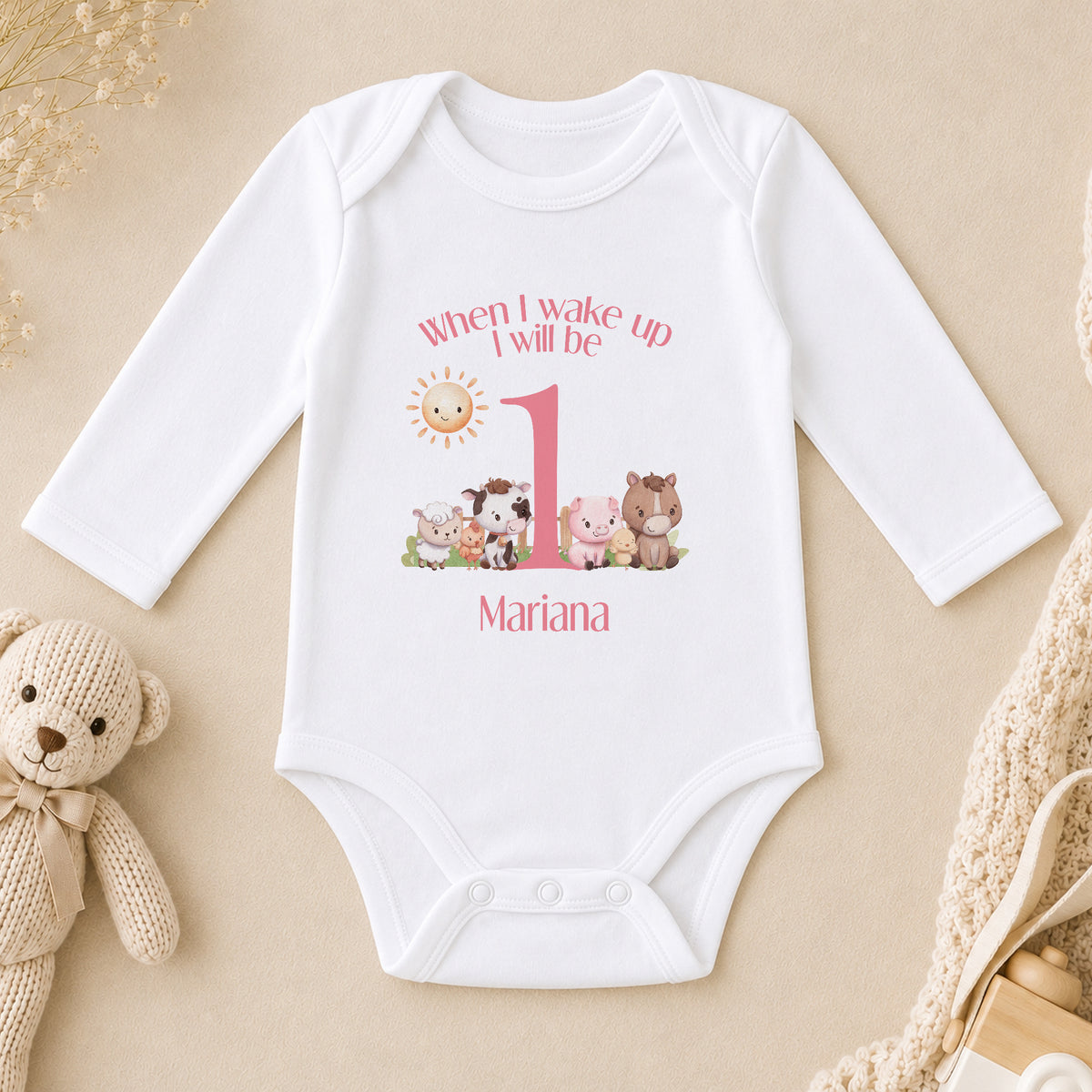 Personalised Pink Striped When I Wake Up I Will Be… Pyjamas with Farm Animals long sleeve vest