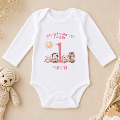 Personalised Pink Striped When I Wake Up I Will Be… Pyjamas with Farm Animals long sleeve vest