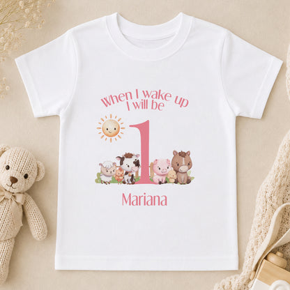 Personalised Pink Striped When I Wake Up I Will Be… Pyjamas with Farm Animals t-shirt