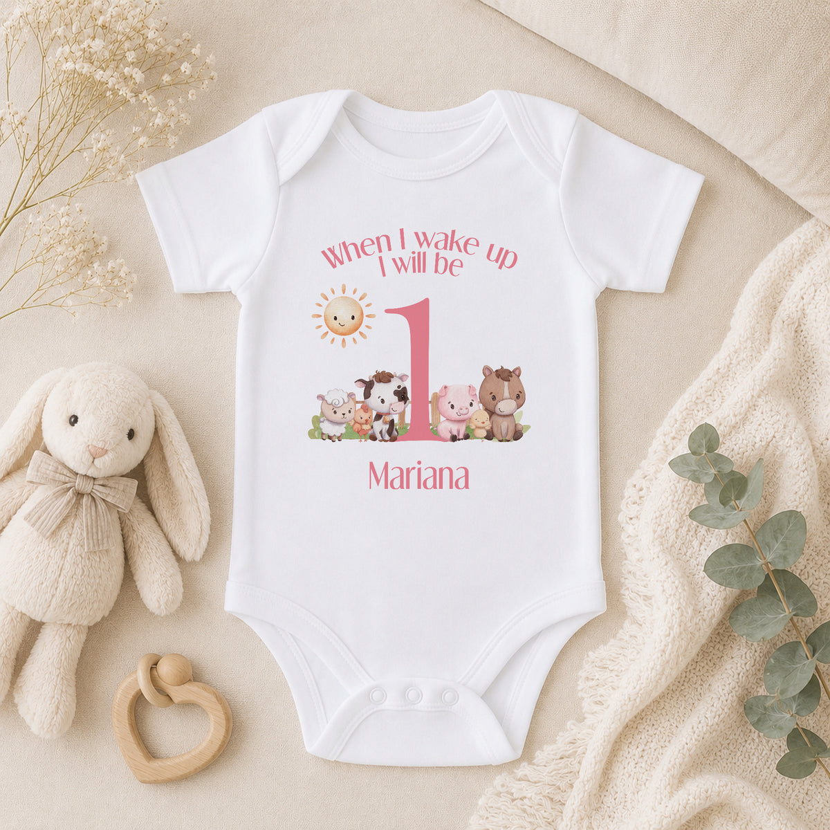 Personalised Pink Striped When I Wake Up I Will Be… Pyjamas with Farm Animals baby vest